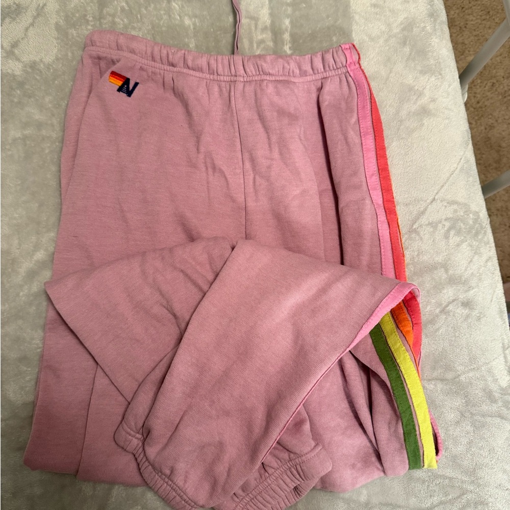 Aviator Nation Pink Joggers with Rainbow Stripes